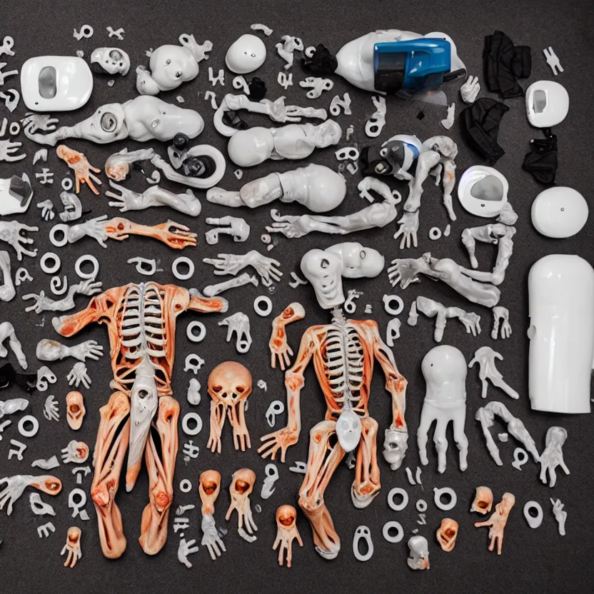 Image similar to photo of a knolling of the dismembered body of a terrifying alien