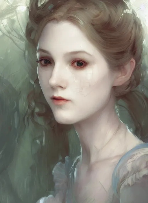 Image similar to character concept portrait of Alice in Wonderland, pale skin, intricate, elegant, digital painting, concept art, smooth, sharp focus, illustration, from Metal Gear, by Ruan Jia and Mandy Jurgens and William-Adolphe Bouguereau, Artgerm