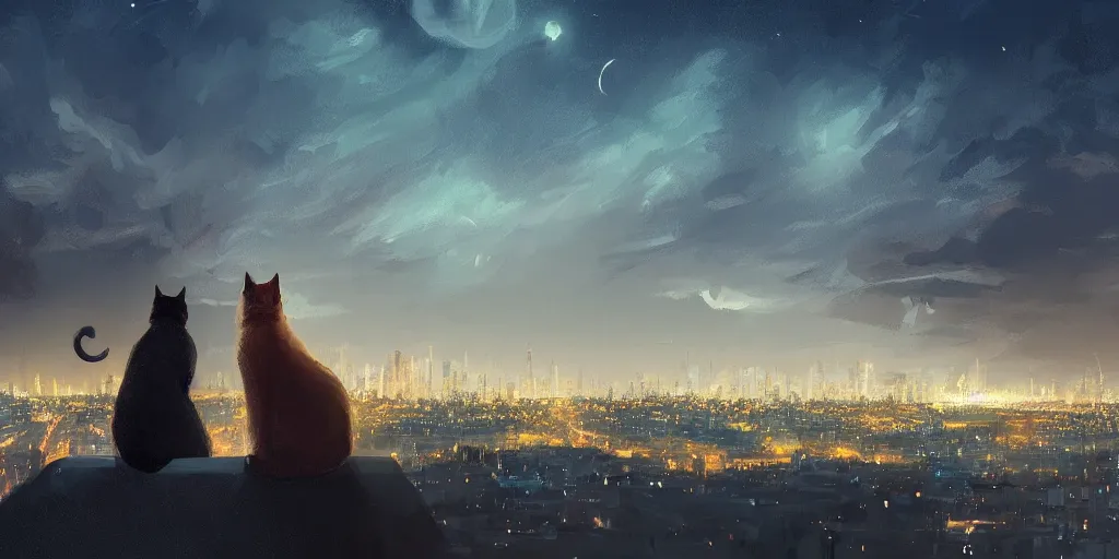 Prompt: A cat overlooking a city at night by Jessica Rossier and Alena Aenami