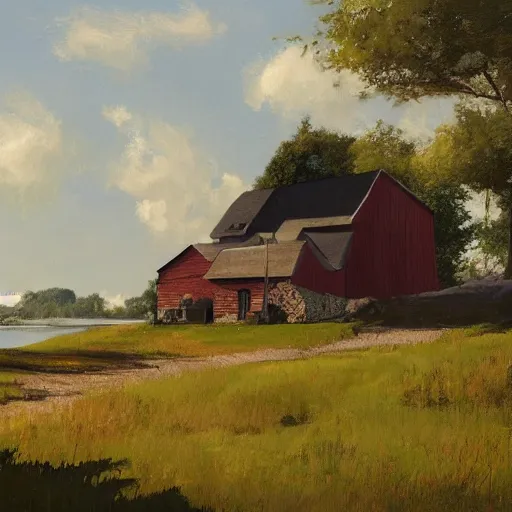Image similar to farmhouse beside a lake, felix Kelly, trending on artstation