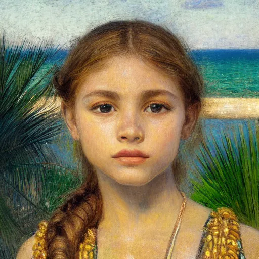 Image similar to a ultradetailed beautiful painting of a girl in the amazonas palace balustrade designed by jules bastien - lepage, tarsila do amaral, frank weston and gustave baumann, beach, trending on artstation, mediterranean, palm trees, hyper detailed face, sharp focus, soft light, 8 k 4 k