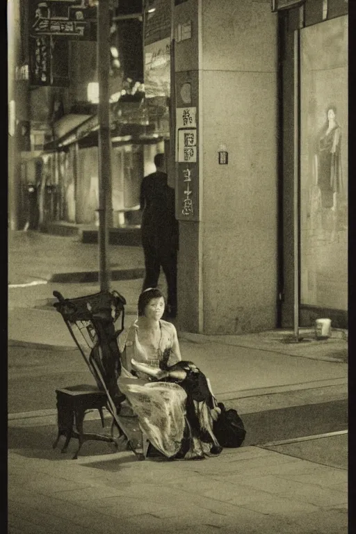 Prompt: a woman sitting in the middle of a tokyo street at night, in the style of the dutch masters and Gregory Crewdson