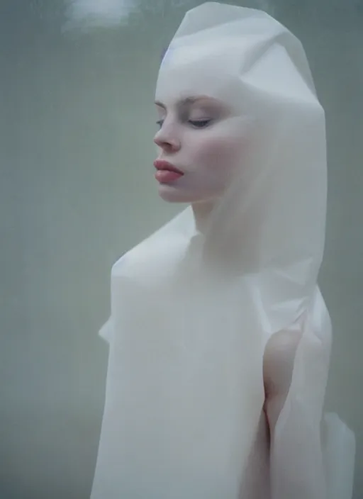 Image similar to out of focus photorealistic portrait of a beautiful!!! aesthetic!!! pale woman by saul leiter, behind a white latex sheet, very blurry, translucent white skin, closed eyes, foggy