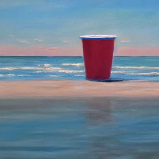 Image similar to an oil painting of a giant white styrofoam cup on the beach, the beach has red water, surrealism