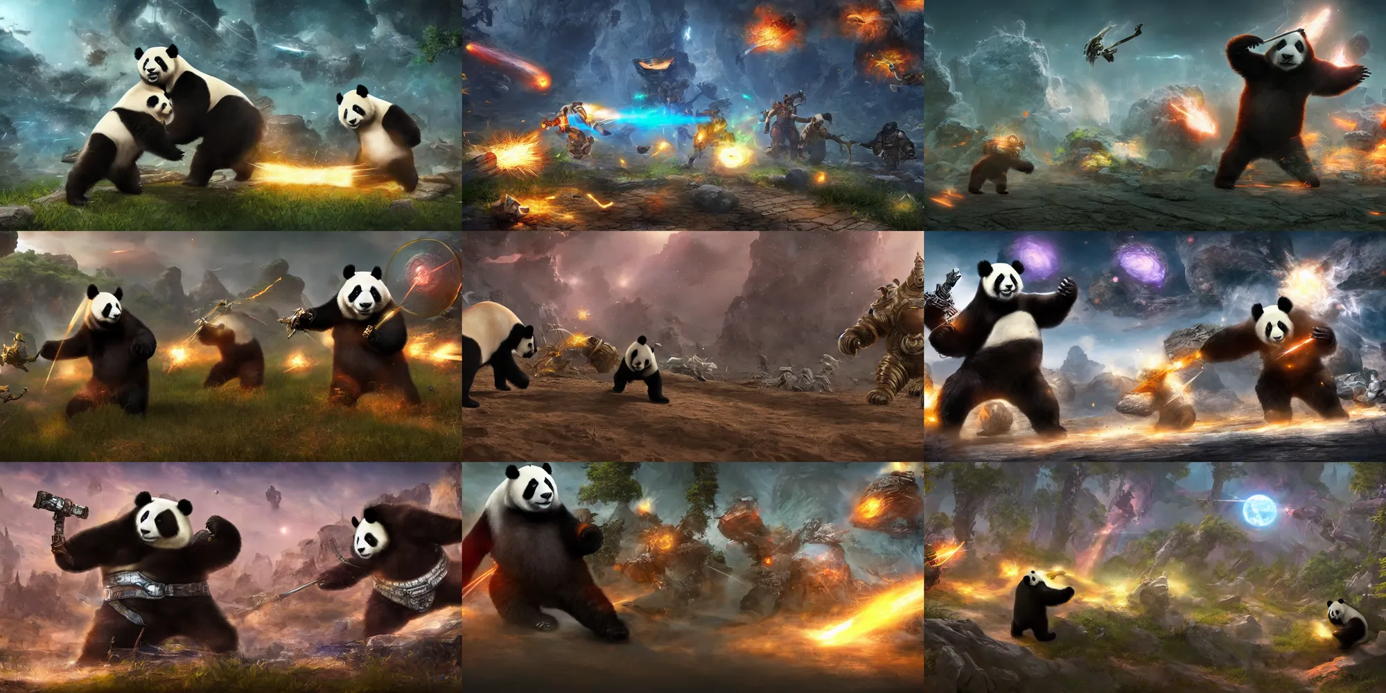 Prompt: space giant panda fighting space mages, fantasy apocalypse, digital art, unreal engine 5, 4 k,