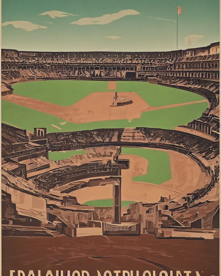 Image similar to art deco era poster for baseball in the Colosseum by Ed Ruscha.