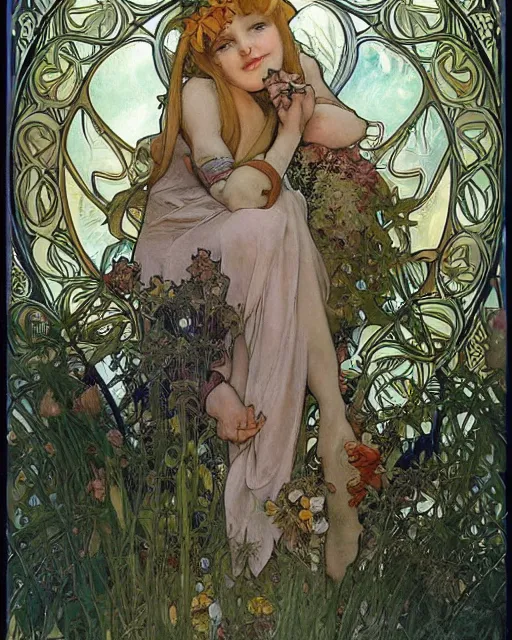 Prompt: realistic detailed portrait of a friendly garden gnome, surrounded by giant grass, by Alphonse Mucha, Amano, Charlie Bowater, Karol Bak, Greg Hildebrandt, Jean Delville, and Mark Brooks, Art Nouveau, Neo-Gothic, gothic, rich deep rich colors