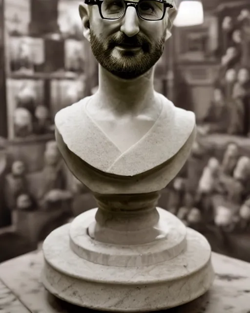 Image similar to a high quality photograph vsauce michael stevens as a roman marble bust. cinematic lighting.