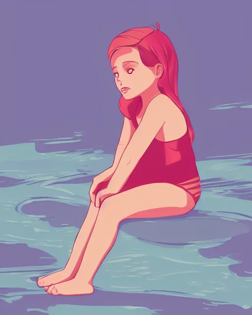 Image similar to a little girl sit beach. clean cel shaded vector art. illustration art by lois van baarle