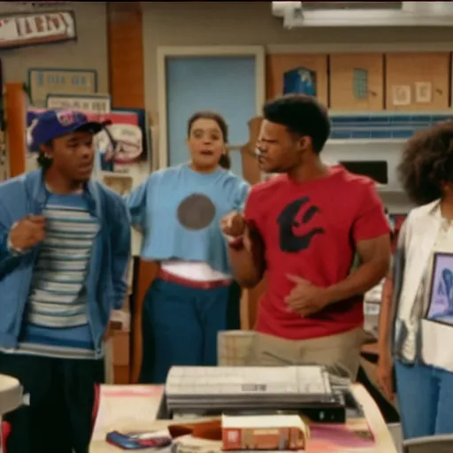 Image similar to a tv still of Chance The Rapper starring as a black college student at Jones College Prep in a 1993 sitcom