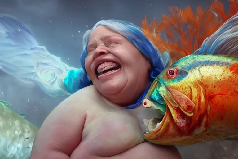 Prompt: of a very beautiful scene. ambient occlusion render. a sweet fat old woman is giving a birth to a huge colorful fish. hyper realistic. 4 k. wide angle. wild. symmetrical face, red mouth, blue eyes. deep focus, lovely scene. ambient occlusion render. concept art. unreal engine.