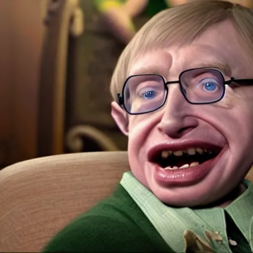 Image similar to stephen hawking as shrek, cgi movie still,