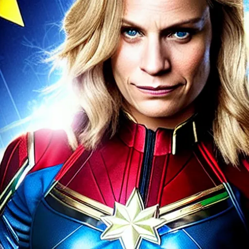 Prompt: Katee Sackhoff as Captain Marvel on movie poster