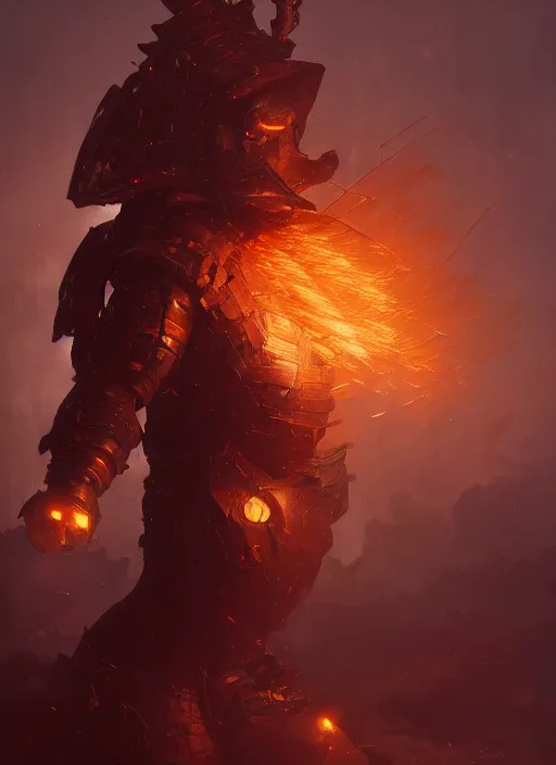 Image similar to a photorealistic dramatic hyperrealistic render of an armored fire golem by wlop, greg rutkowski, alphonse mucha, beautiful dynamic dramatic dark moody lighting, shadows, cinematic atmosphere, artstation, concept design art, octane render, 8 k