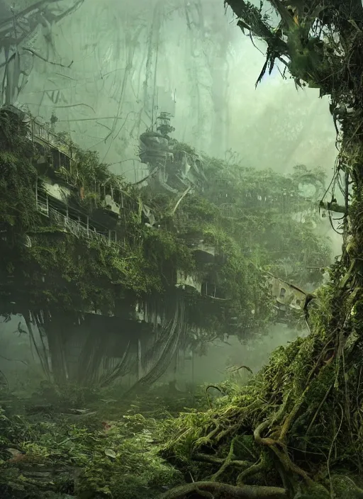 Image similar to decayed aircraft carrier USS Nimitz laying on the ground overgrown with vegetation and hanging vines, post apocalyptic, tropical forest, by Luis Royo, by Greg Rutkowski, dark, gritty, intricate, cover illustration, concept art, volumetric lighting, volumetric atmosphere, sharp focus, octane render, trending on artstation, 8k