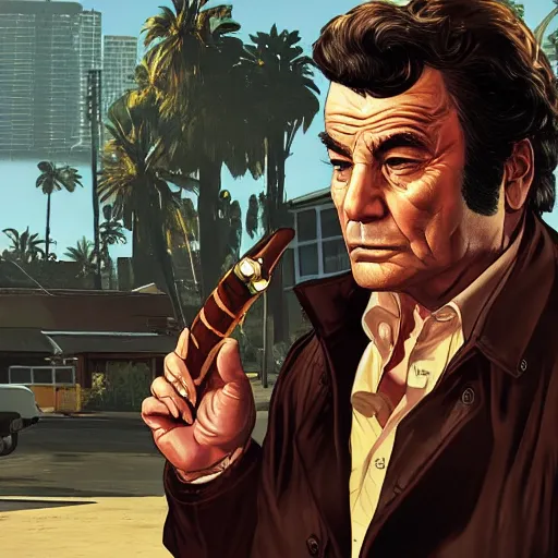 Image similar to GTAV cover art of Columbo holding a cigar