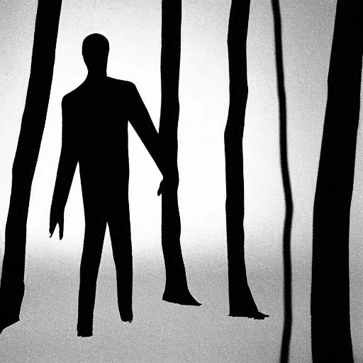 Image similar to a smudged, scratched, grainy and blurry photograph showing the whole body of a slender man dynamically and frenetically moving in a dark room. his dance is wild and unpredictable. in the creepy woods, night time, flash lights.