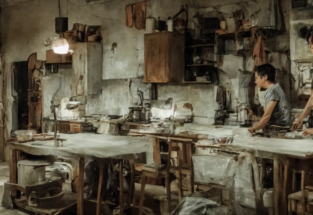 Image similar to movie still of a kitchen room, directed by joko anwar, 4 kuhd, award winning, highly detailed, cinematic