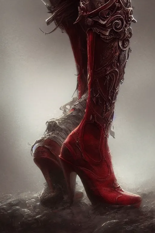 Image similar to red women's boots shoes only, by wlop, by luis royo, by peter mohrbacher, concept art, digital illustration, intricate, masterpiece, elegant, super detailed, unreal engine rendering, smooth, sharp focus, artstation hq