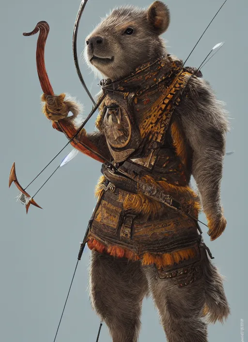 Image similar to detailed full body concept art illustration, soft focus, oil painting on canvas of an anthropomorphic capybara archer in full intricate clothing, biomutant, dystopian, micro detail, octane render, 4K