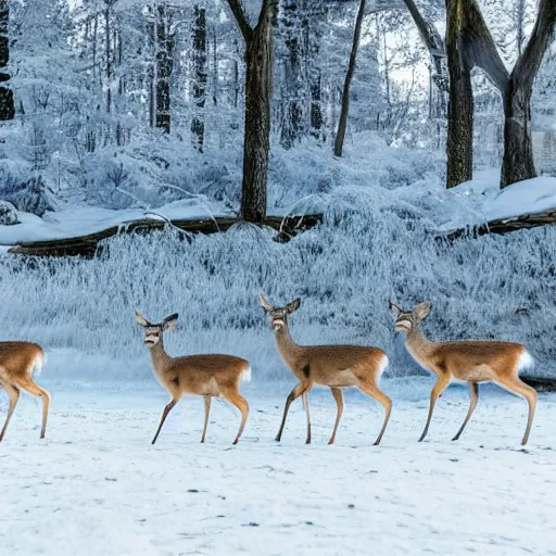 Image similar to family of deer on fire in a frozen forest, sparkles and sun rays, hyperrealistic, photo realistic, realistic, beautiful white lighting, in the middle of the day, hyperdetailed, very detailed