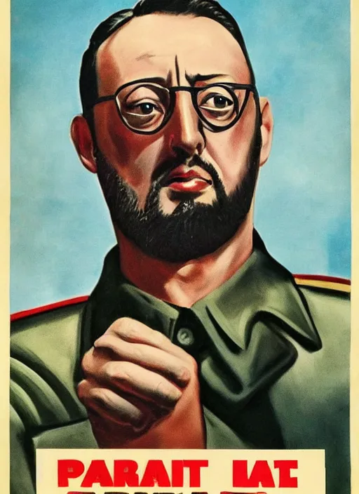 Image similar to Portrait Jean Reno gesture,look of hate, threatening pose, 1940s propaganda poster, full hd,highly detailed