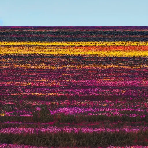 Prompt: A very tall black column stands in the middle of an infinite plain covered with colorful flowers