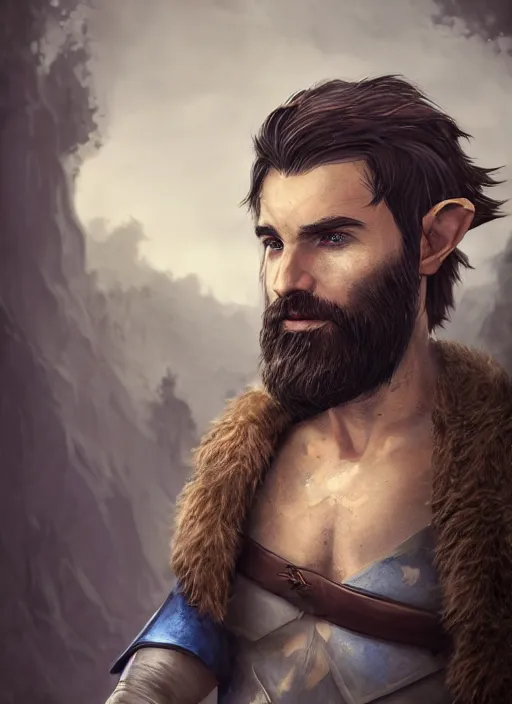 Image similar to A fantasy comic book style portrait painting of sad half elf ranger, shaggy brown hair, scruffy beard, scar on face, blue tunic, unreal 5, DAZ, hyperrealistic, octane render, cosplay, RPG portrait, dynamic lighting