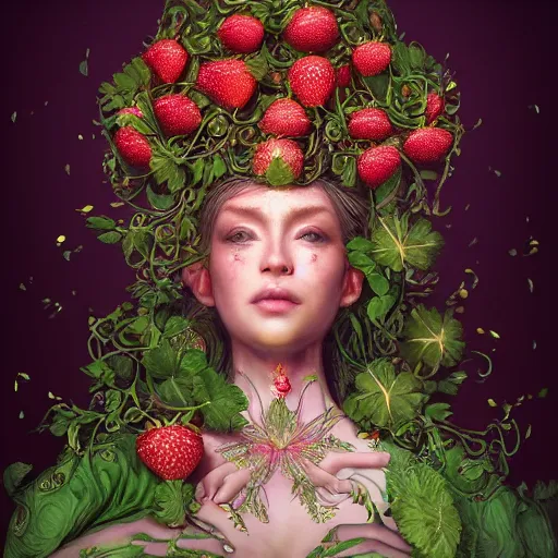 Image similar to the portrait of an absurdly beautiful, graceful, elegant, sophisticated, chaste woman made of strawberries and green petals looking up, an ultrafine hyperdetailed illustration by kim jung gi, irakli nadar, intricate linework, bright colors, octopath traveler, final fantasy, unreal engine 5 highly rendered, global illumination, radiant light, detailed and intricate environment