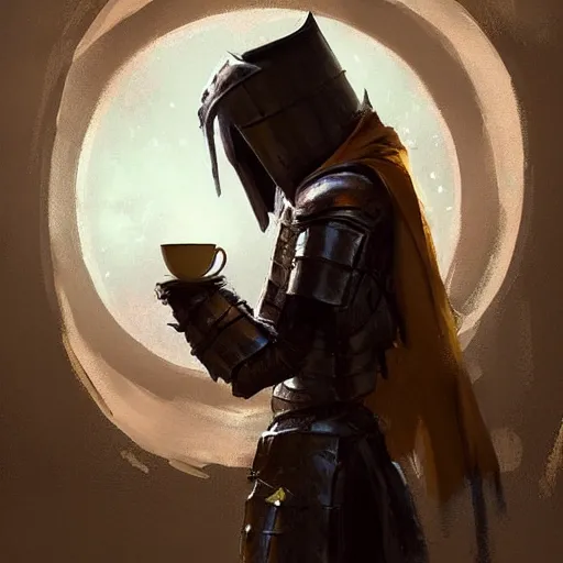 Prompt: a knight drinking a cup of tea by greg rutkowski, digital art, trending on artstation
