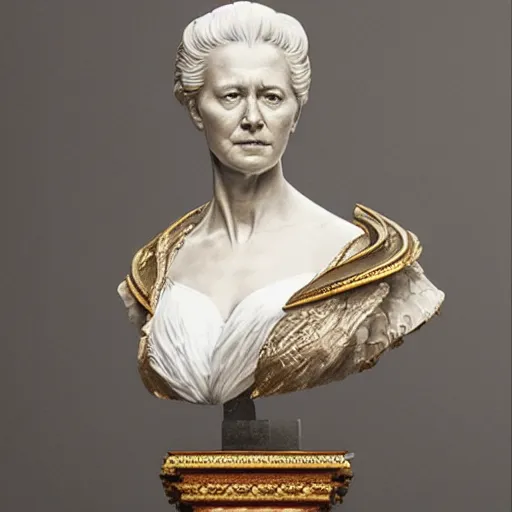 Image similar to beautiful lifelike award winning marble statue bust of dronning magrethe trending on art station artgerm greg rutkowski alphonse mucha museum quality cinematic atmospheric