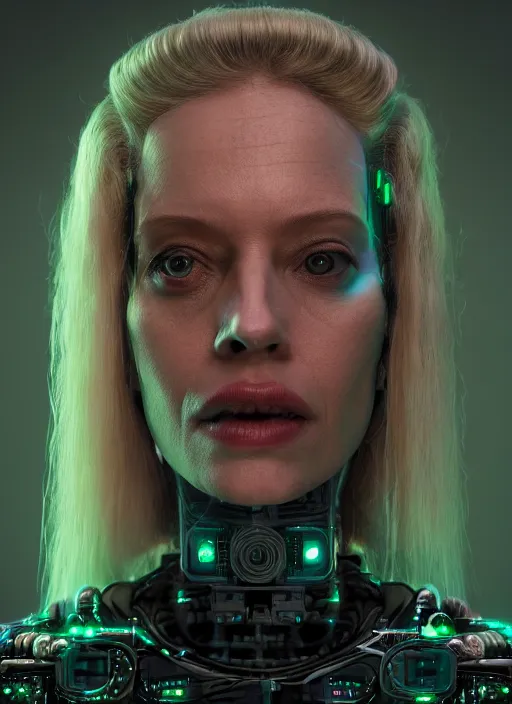 Image similar to 35mm portrait of a 7 of 9 borg with face implants on the background of a weird magical mechanical forest. Round gears visible inside her hear. Very detailed 8k. Fantasy cyberpunk horror. Sharp. Unreal 5 render with nanite, global illumination and path tracing. Cinematic post-processing