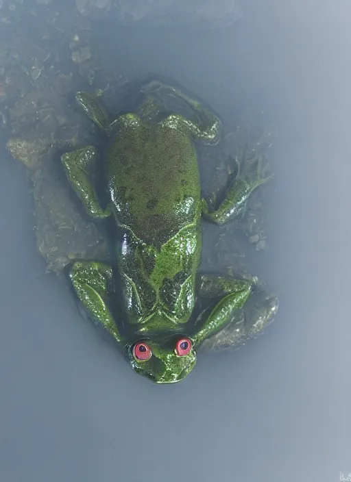 Image similar to semitranslucent smiling frog amphibian floating upside down over misty lake in Jesus Christ pose, cinematic shot by Andrei Tarkovsky, paranormal, spiritual, mystical