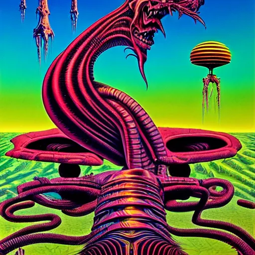 Image similar to thrash metal album cover in the style of roger dean, realistic, sharp focus, 8k high definition, insanely detailed, intricate, smooth, airbrush, art by kenny scharf and philippe druillet