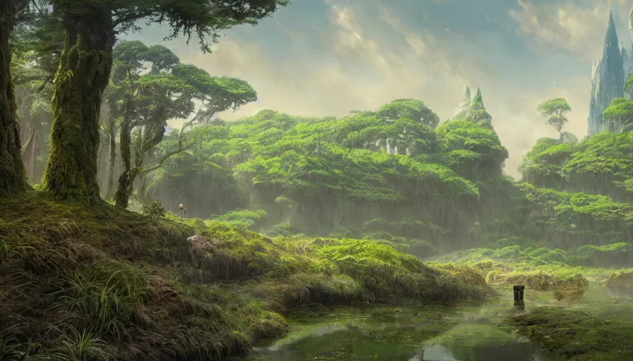 Image similar to A highly detailed matte painting of Shrek's huge swamp, by Studio Ghibli, Makoto Shinkai, by Artgerm, by WLOP, by Greg Rutkowski, volumetric lighting, octane render, 4K resolution, trending on artstation, masterpiece