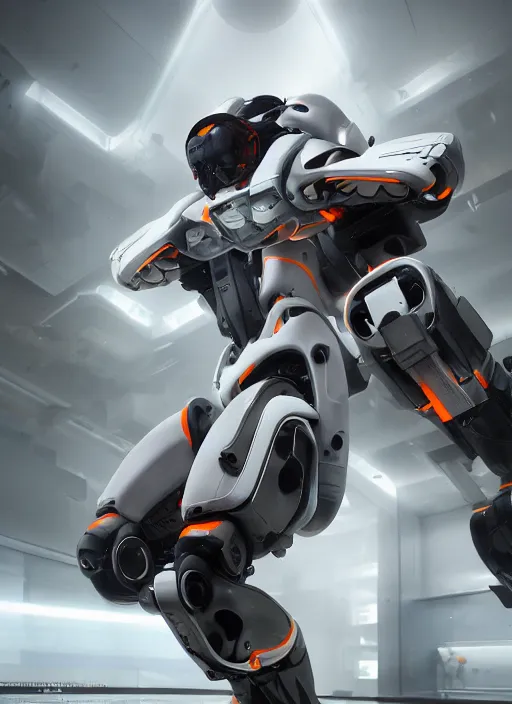 Image similar to a Photorealistic dramatic hyperrealistic full frame render of a Sleek futuristic exosuit Freedom Formula Racing Mech,Ultra realistic details,glossy white metal,Orange racing stripes,weathered surfaces,by Hidetaka Tenjin,Yoh Yoshinori,Yoji Shinkawa,Masamune Shirow,Beautiful dramatic dark moody tones and lighting,cinematic atmosphere,studio lighting,shadows,dark background, Octane render,8K