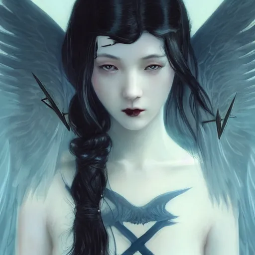Prompt: Beautiful pale angelic goth asian girl with angel wings and devil\'s horns, warhammer 40000 masterpiece 4k digital illustration by Ruan Jia and Mandy Jurgens and Artgerm and william-adolphe bouguereau, highly detailed, trending on artstation, award winning,