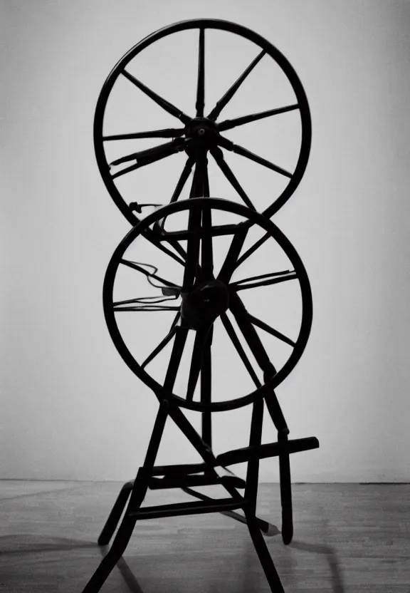 Image similar to a spinning wheel sitting on top of a stool, a surrealist sculpture by marcel duchamp, behance, fluxus, studio portrait, academic art, studio light, grainy 3 5 mm film