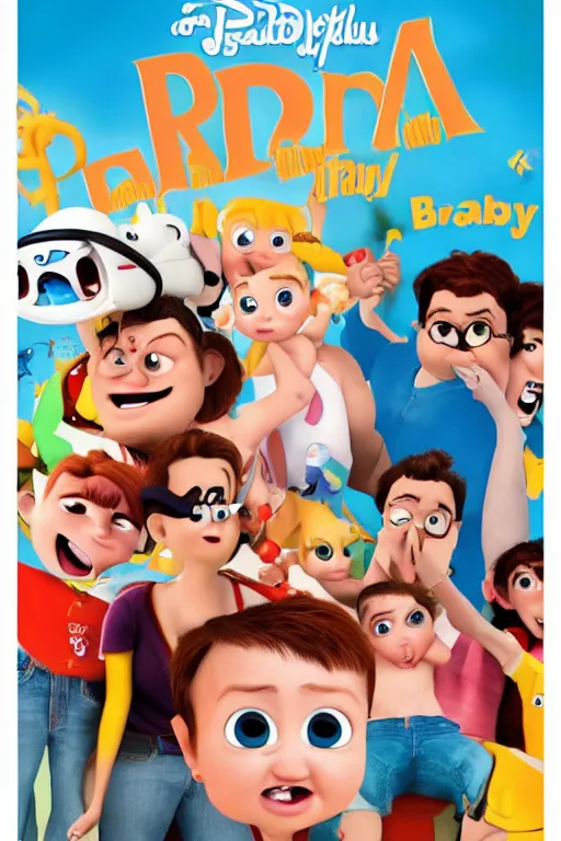 Image similar to movie poster for frat baby, an official promotional poster for the pixar animated film frat baby about a baby in a fraternity who has to learn how to party with frat bros, high quality animated film poster