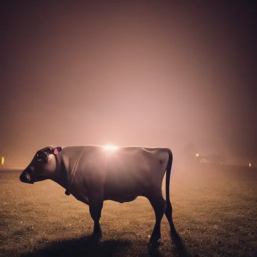 Image similar to closeup, a cow flying at night, flashlight, creepy, cinematic dramatic atmosphere, smooth, sharp focus, cinematic shot, movie scene, horror movie