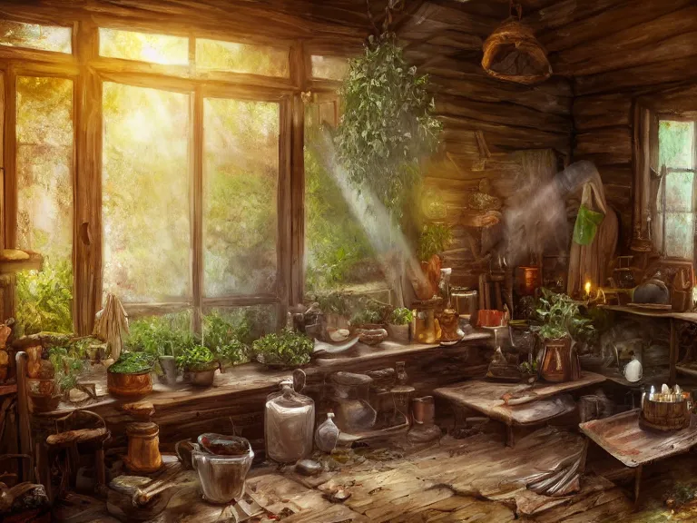 Prompt: expressive rustic oil painting, interior view of a cluttered herbalist cottage, waxy candles, wood furnishings, herbs hanging, light bloom, dust, ambient occlusion, rays of light coming through windows, dim lighting, brush strokes oil painting