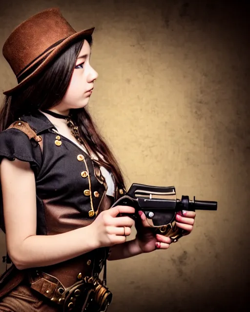Image similar to Young girl in steampunk clothes, she wears boots and holds a gun, full body shot, sharp focus, photography, very detailed, dark hair, by nikon, by Iphone, 4k