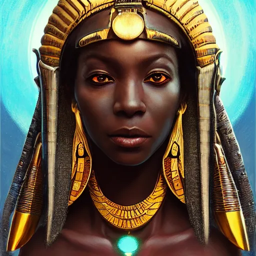 Image similar to highly detailed portrait of an african egyptian goddess, intricate alien technology, stephen bliss, unreal engine, fantasy art by greg rutkowski, loish, rhads, ferdinand knab, makoto shinkai and lois van baarle, ilya kuvshinov, rossdraws, tom bagshaw, global illumination, radiant light, detailed and intricate environment