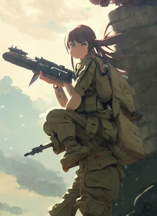 Prompt: portrait of cute soldier girl, cloudy sky background lush landscape illustration concept art anime key visual trending pixiv fanbox by wlop and greg rutkowski and makoto shinkai and studio ghibli and kyoto animation soldier clothing military gear realistic anatomy mechanized modern warfare arknights