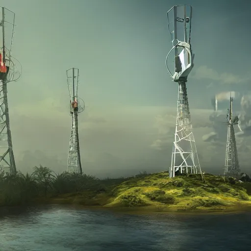 Prompt: an island in space, a lot of tv towers is on the island, trending on artstation