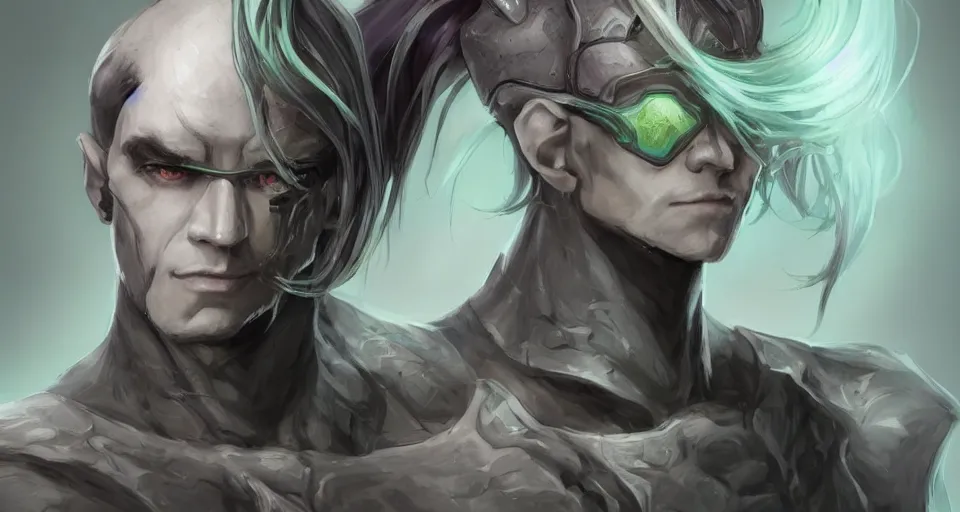 Prompt: a portrait of a dark elf, shown from the shoulders up. his skin is pale purple, and his hair is light grey. a dull green scarf is loosely looped around his neck, and the visible parts of his armor are dark brown. his eyes are hidden behind dark glasses. by artgerm, concept art, illustration, trending on artstation.