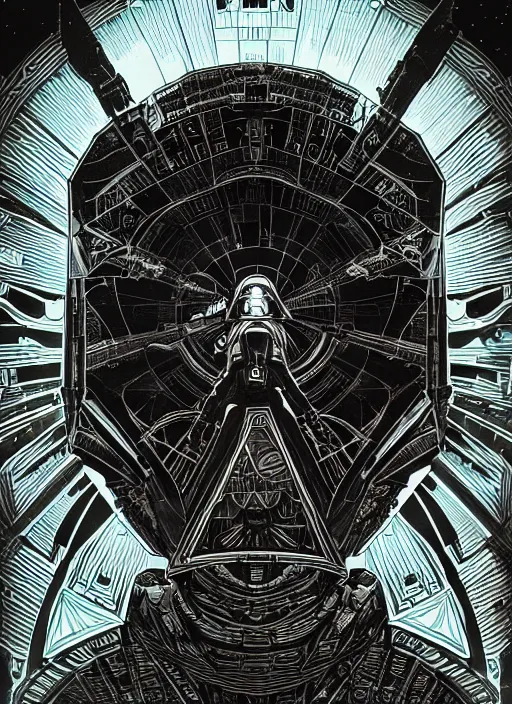 Image similar to platonic ideal luke skywalker, nazgul mandelbulb, deathstar, millenium falcon, detailed, darth vader, action pose, intricate, volumetric lighting, moebius, dan mumford, alphonse mucha, poster,