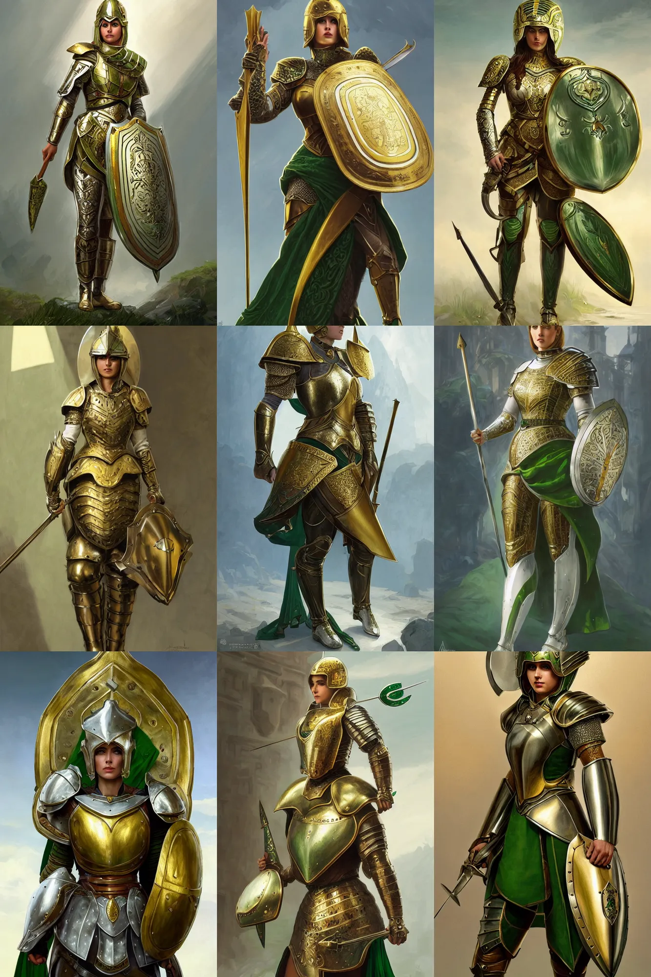 Prompt: full - body portrait of a female italian warrior wearing elegant golden plate mail armor with green and white accents, holding a tower shield, highly detailed, digital fantasy painting, artstation, character concept art, smooth, sharp focus, illustration, art by artgerm and greg rutkowski and alphonse mucha