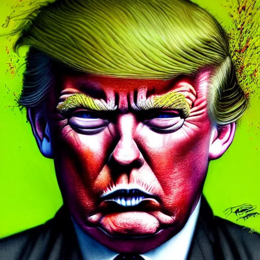 Image similar to a demon slayer portrait of donald trump, tall, pale - skinned, and slender with lime green eyes and long eyelashes by stanley artgerm, tom bagshaw, arthur adams, carne griffiths, trending on deviant art, street art, face enhance, chillwave, maximalist, full of color, glittering