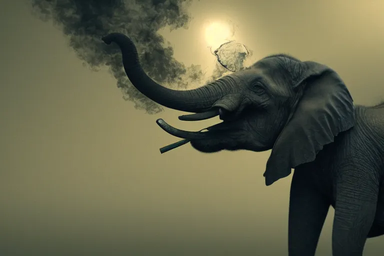 Prompt: ultra realistic nature photography, picture of ( subject : a cigar smoked by an elephant ). the scene is set in a cigar lounge, a very smokey atmosphere, small thick clouds of cigar smoke, artstation, focus on the cigar, extremely detailed and crisply sharp cigar, hyperrealistic smoke, sigma, 4 k